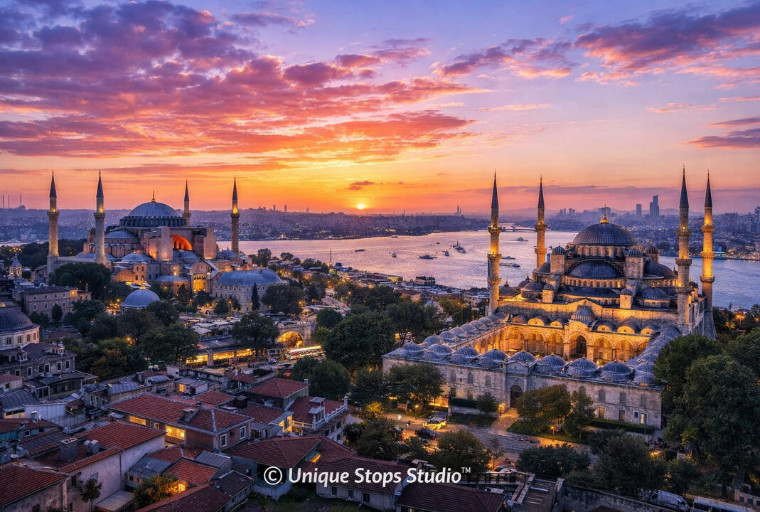 Cinematic Santorini architecture at golden hour with blue domes and warm Mediterranean light.