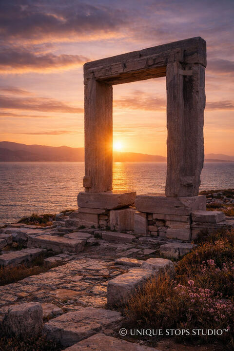 Cinematic sunset through the ancient Portara stone gateway overlooking the Aegean Sea in Naxos, Greece — premium travel photography licensed by Unique Stops Studio™ for film, advertising, and brand campaigns.