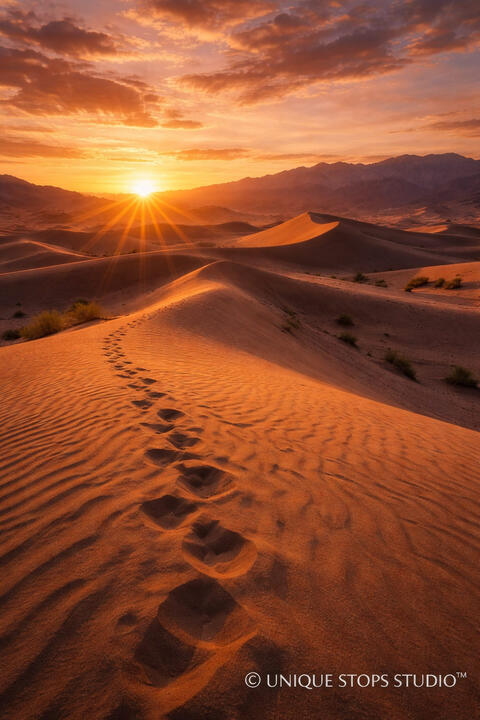 Golden sunset over sweeping desert dunes with footsteps in the sand and distant mountains — premium cinematic travel photography licensed by Unique Stops Studio™ for film, advertising, and global brand campaigns.