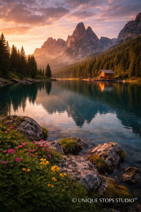 Alpine mountain lake at sunset with crystal reflections, pine forest, wildflowers in the foreground, and a wooden cabin by the shore — cinematic travel photography licensed by Unique Stops Studio™ for film, advertising, and global brand campaigns.