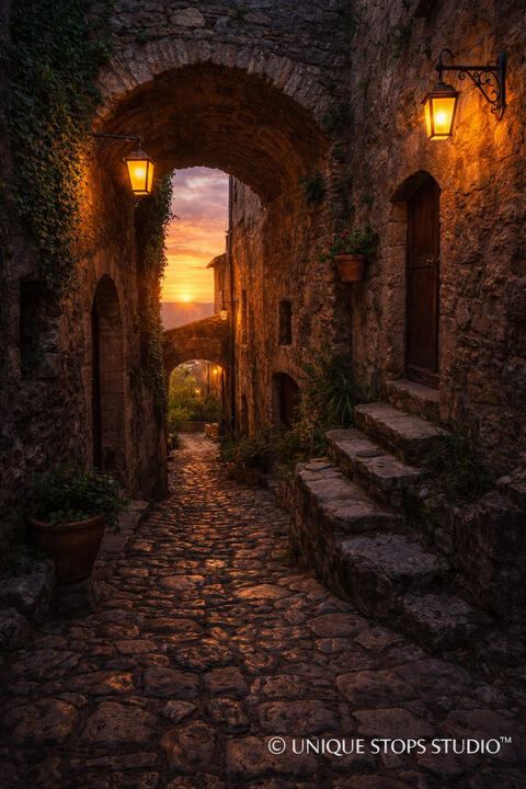 Narrow cobblestone alley under stone arches at sunset, warm lantern light, rustic doors, and climbing greenery — cinematic old-world travel photography licensed by Unique Stops Studio™ for film, advertising, and global brand campaigns.