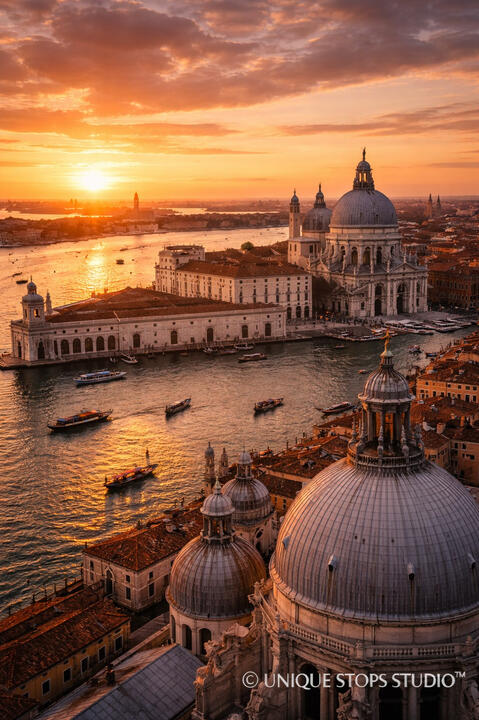 Cinematic Prague skyline at sunset with historic bridges, warm golden light, and classic European architecture reflected over the river, premium travel photography by Unique Stops Studio™.