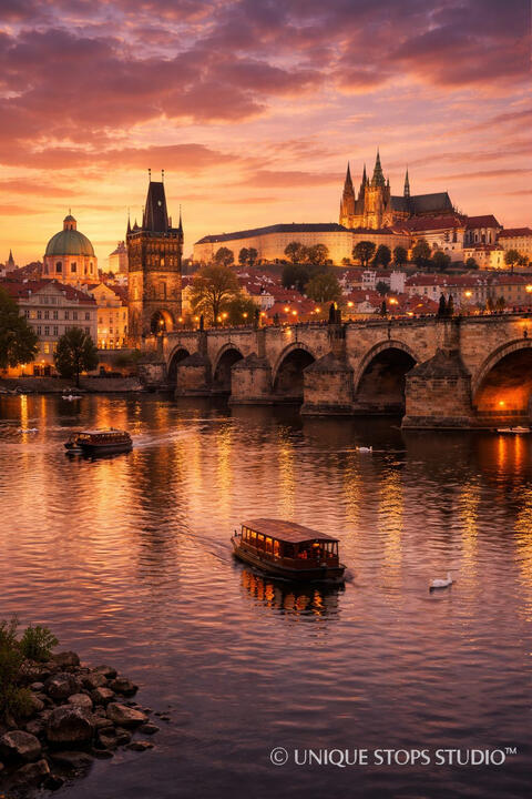 Cinematic desert landscape with sculpted rock formations glowing at sunset, warm golden sky, and dramatic textures across the terrain.