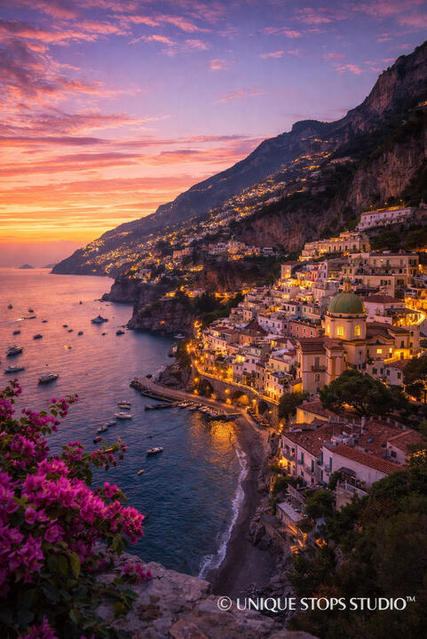 Cinematic Santorini architecture at golden hour with blue domes and warm Mediterranean light.