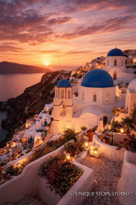 Santorini cliffside village at sunset with iconic blue domes, white stone paths, and warm lantern lights overlooking the sea — premium cinematic travel photography licensed by Unique Stops Studio™ for film, advertising, and global brand campaigns.