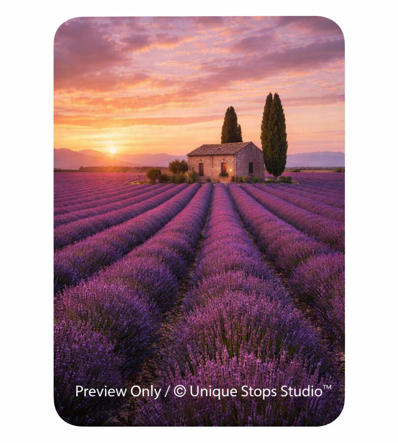 Cinematic lavender fields at golden hour in Provence, featuring symmetrical purple rows leading toward a rustic stone house under a warm sunset sky